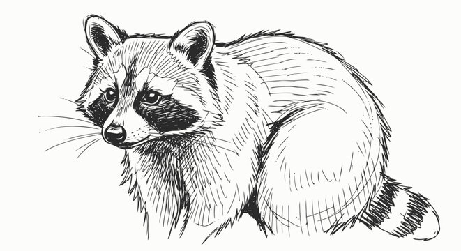 Detailed black and white raccoon illustration.