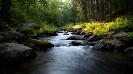 Obraz premium A serene stream flows through a sunlit forest with smooth water movement over mossy rocks