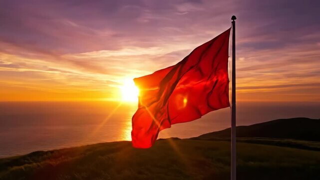 Red flag waving against a vibrant sunset over the ocean horizon.