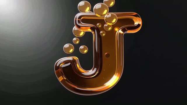 Golden J Letter Emerges From Bubbles In Liquid Shine.