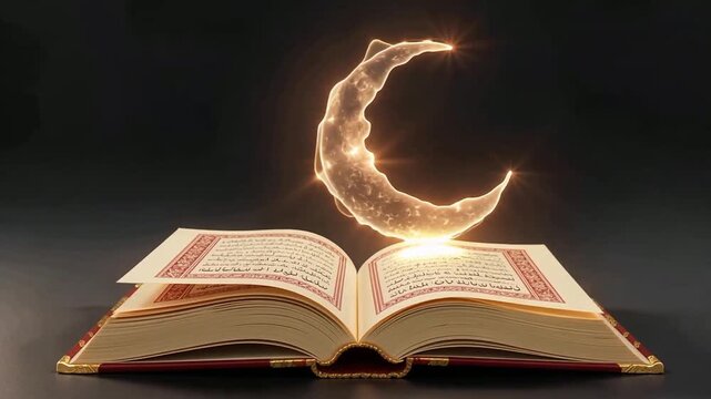 Open Book With Flaming Crescent Creates Mystic Glow.