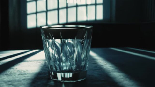 Glass of pure water sitting on a dark wooden table, capturing refreshing light and shadow patterns from a window, creating a serene and contemplative indoor atmosphere