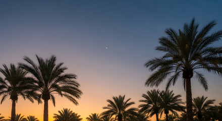 Obraz premium Silhouetted palm trees against a gradient sky at dusk, crescent moon visible, tropical paradise.
