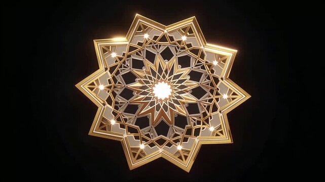 Illuminated geometric star lantern glowing in dark background.