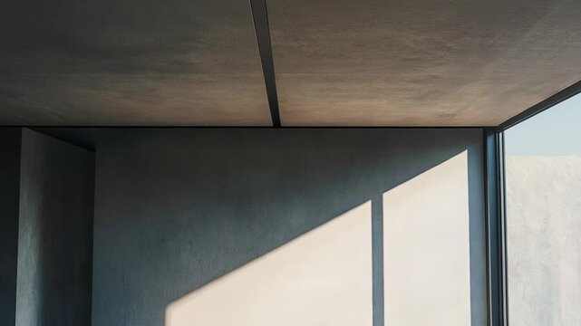 Minimalist concrete room featuring geometric shapes created by sunlight and shadow across its walls and floor, creating a bright and empty modern architectural space