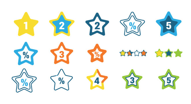 Colorful collection of diverse star rating icons featuring numbers percentage symbols and various filled or outline styles for user feedback