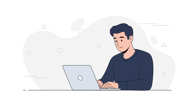 Young Man Working on Laptop Computer - Modern Flat Design Illustration