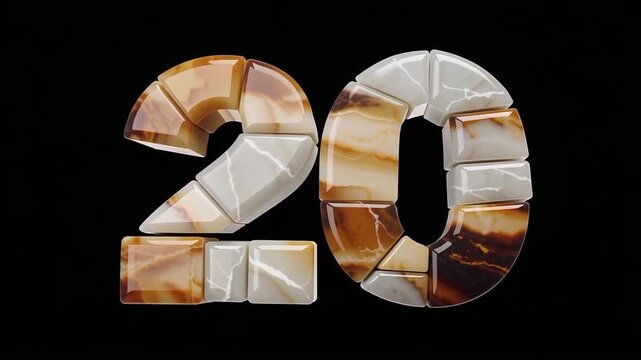 Copper And Silver Metal Digits Form Twenty In Dark Background.