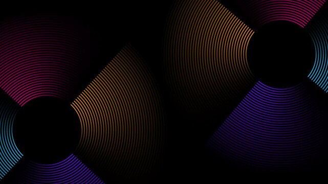 Abstract animated background with colorful circle lines rotating smoothly in dark space like windmill in a seamless loop, ideal for ads, creative design, digital art, or sales presentation