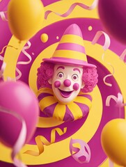 Naklejka premium Colorful Clown Mask Surrounded by Balloons and Streamers for a Joyful Celebration
