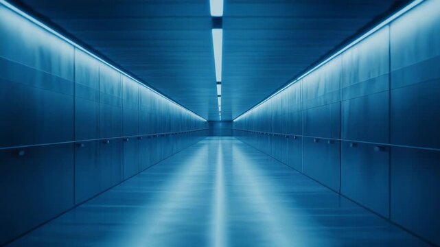Long futuristic tunnel or corridor with symmetrical blue neon lighting and a high tech minimalist design, creating a sense of journey and urban modernism