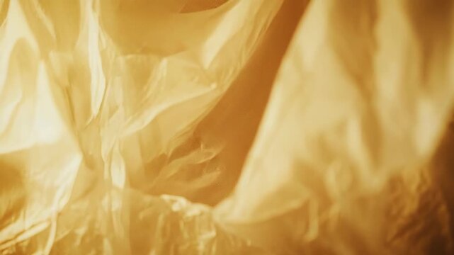 Crumpled golden plastic offers an abstract texture, reflecting warm light and forming intricate creases across the material, ideal for creative backgrounds and design elements