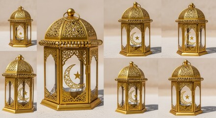 Ornate Golden Ramadan Lantern with Crescent Moon and Star Ornaments Displayed on Sandlit Surface with Natural Lighting and Decorative Intricate Patterns Providing Festive Islamic Ambiance and