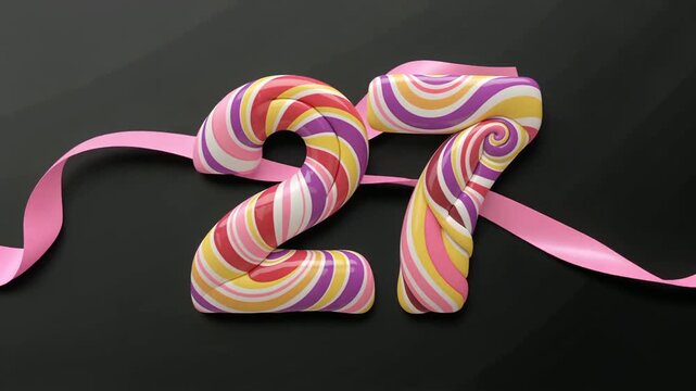 Colorful Candy Number TwentySeven Swirls On Dark Background Celebration.