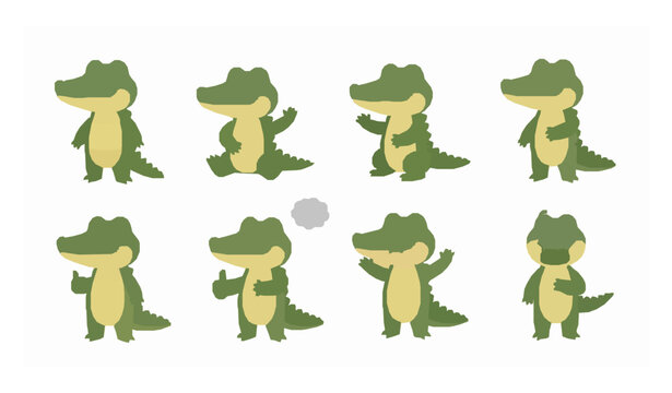 Adorable crocodile cartoon poses and emotions vector character set
