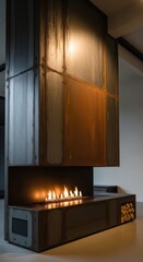 Modern industrial fireplace with exposed metal panels and wood storage in contemporary living space