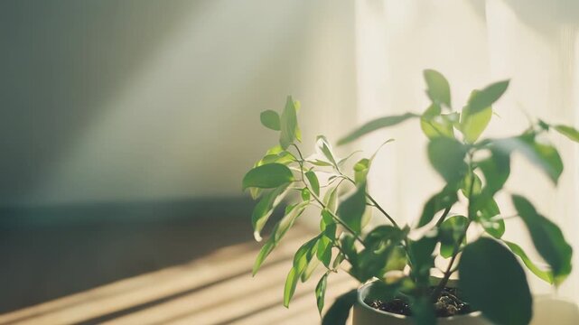 Potted plant receiving warm sunlight through a window, casting long parallel shadows on the wooden floor and creating a tranquil, hopeful atmosphere in a peaceful indoor setting