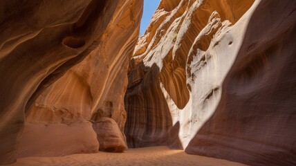 Sunlight filtering through the smooth, sculpted sandstone walls of a narrow desert slot canyon.