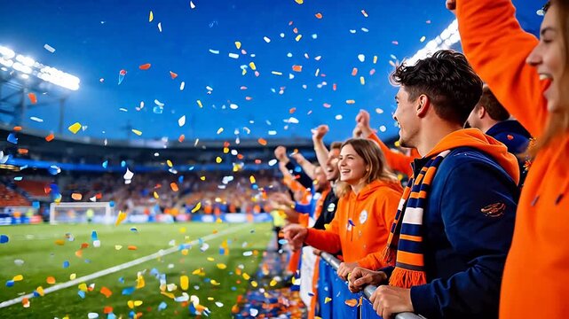 Fans celebrating at soccer stadium with confetti