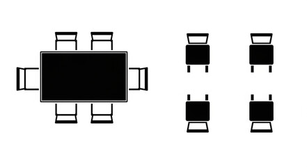 Top view of a dining table with chairs and separate chairs.