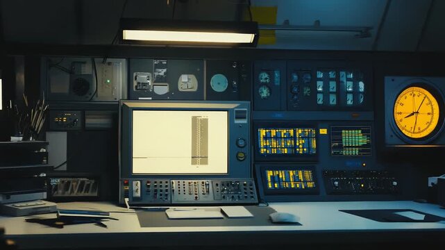 Control room desk with vintage computer, multiple data monitors, analog clock and specialized electronic equipment, evoking retro technology and operational monitoring