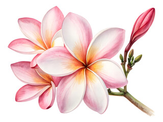 Fototapeta premium Pink plumeria flowers in soft watercolor style with pastel colors on white background for floral design