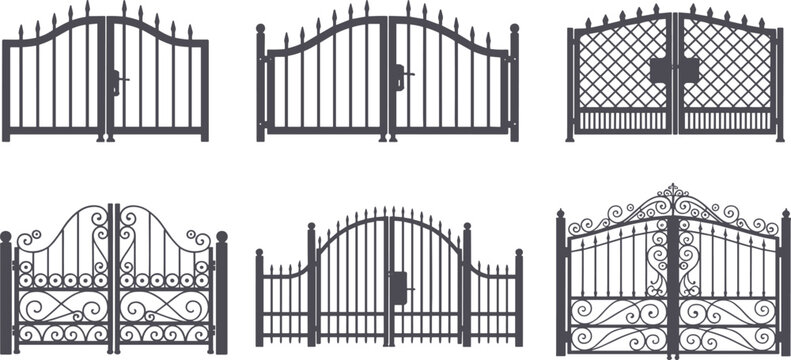 Vintage wrought iron gate silhouette set with ornamental floral swirls for luxury garden entrance and architectural design