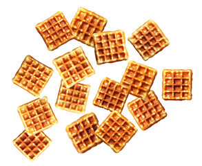 Multiple golden brown square waffles scattered randomly, isolated on white background. Concept of breakfast or snack food