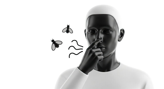 Person pinching nose due to flies and bad smell