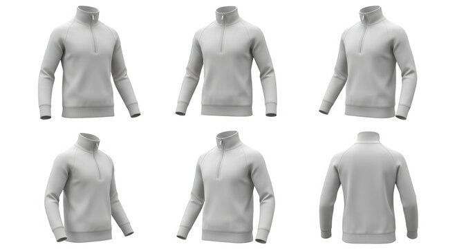 six white quarter zip pullovers arranged on a white background useful for apparel catalog or product showcase