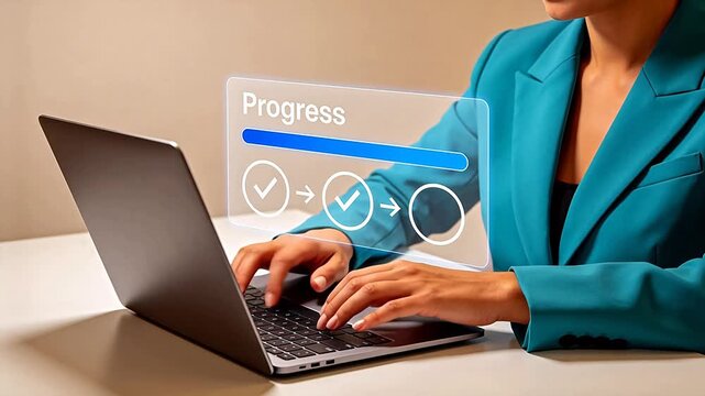 Person using laptop with holographic progress interface