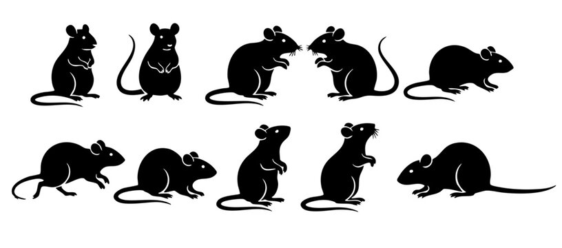 set of rats silhouettes, set of mouse black and white vector, Mouse Rat Silhouette,