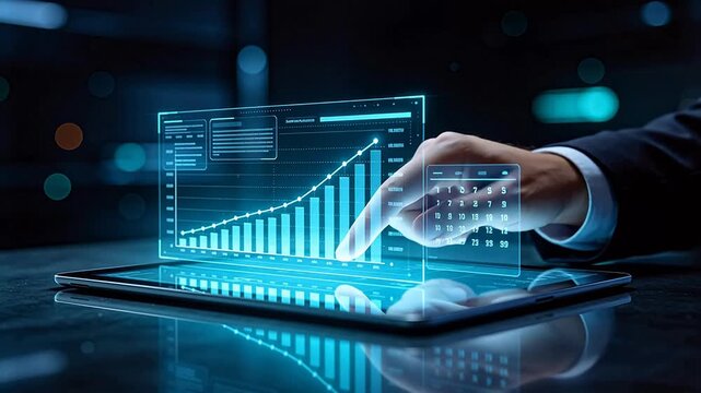 Hand interacting with holographic data dashboard