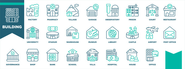 Building Icon Sheet Line Green