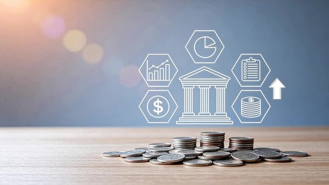 Coins and financial icons on wooden surface