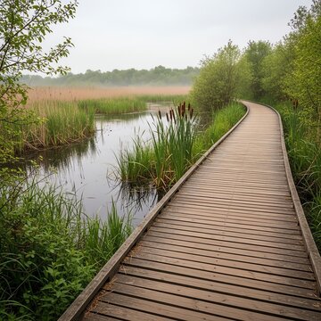 A wooden boardwalk curves through a misty wetland with tall reeds and lush green foliage.