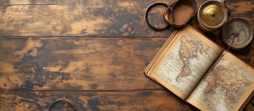 World map book, compass, magnifying glass on wood. Travel planning concept