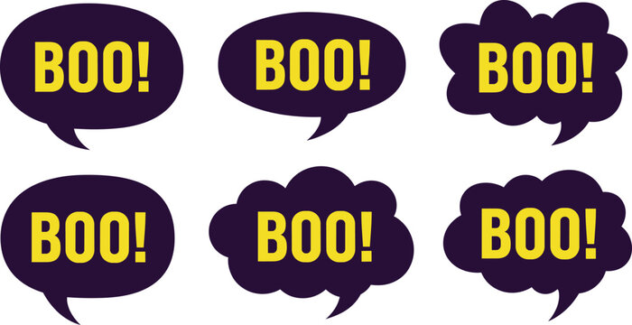 Comic boo speech bubble set spooky halloween chat balloons with bold text pop art style vector illustration isolated design collection