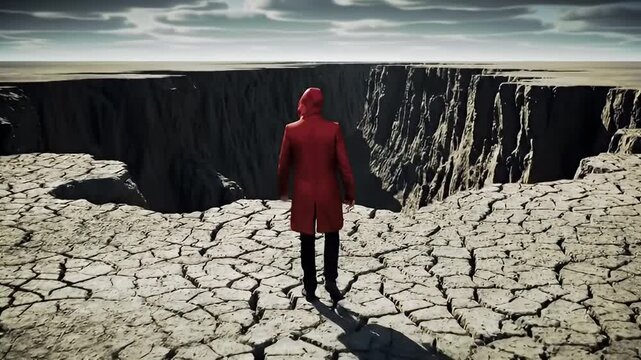 Man in Red Coat Standing on Dry Cracked Earth.