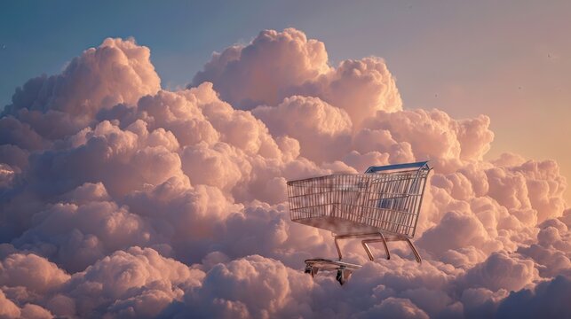 Shopping cart floating among clouds, surreal concept of digital shopping, dreamlike consumer fantasy.