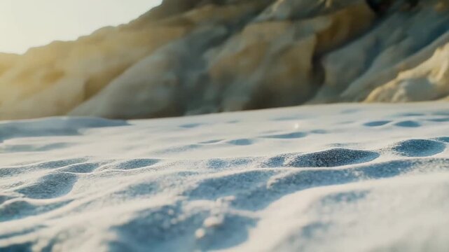 Salt crusted shoreline on an arid desert plain, close up of white mineral formations and granular textures under warm morning sunlight, showing evaporation patterns and rough surface detail