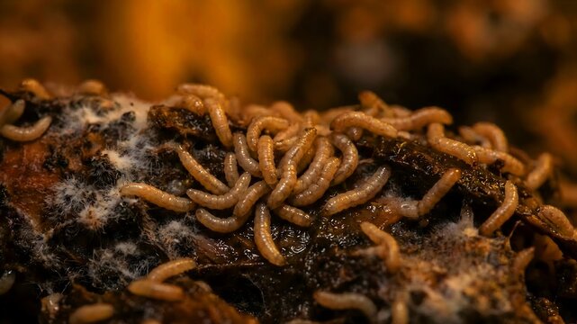 Extreme macro photograph captures numerous wriggling insect larvae feeding on decaying organic matter covered with white mold growth