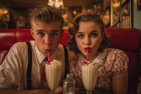 Young teen boy and girl lovers drinking milkshake