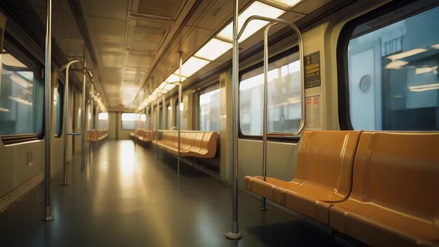 Empty interior of a modern subway or metro train, featuring rows of orange seats, windows showing urban reflections, and warm golden light illuminating the floor and ceiling