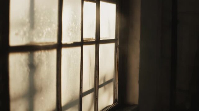 Obscured window glass with condensation and grime receiving warm morning light, casting faint shadows into a dark, moody interior space, creating a vintage atmosphere