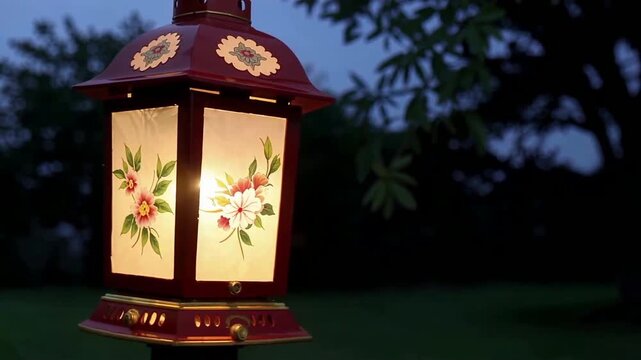 Decorative Lantern Illuminates Evening Garden Scene.