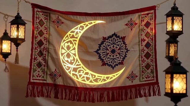 Decorative Crescent Moon Lantern Tapestry in Cozy Interior.