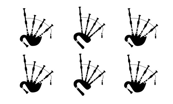 Scottish bagpipe silhouette set with six traditional highland instrument icons in black, Celtic music symbol collection for Scotland culture festival and heritage design illustration