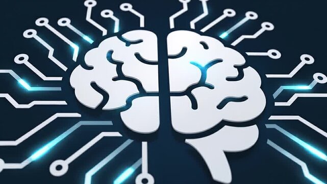 A flat animated artificial intelligence icon with a stylized brain and circuit lines, subtle circuit glow animation, slow micro push-in camera movement, clean vector style, seamless loop.