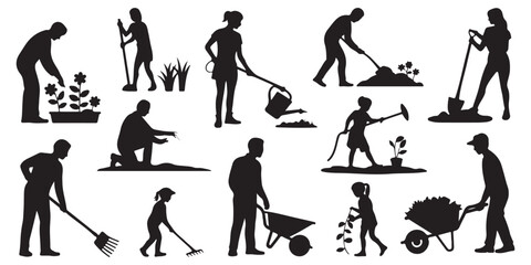 Farmers and gardeners silhouettes set people caring for plants using wheelbarrow rake shovel and water can © Siyam Islam
